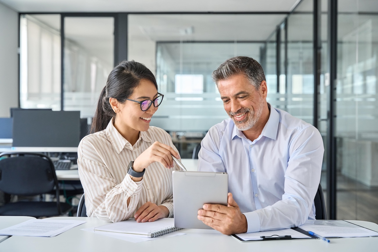 two-diverse-business-team-people-talking